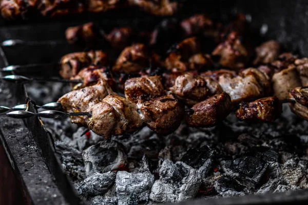 Prato Carne Shish Fresco Espetos Frita Grelha Carne Grelhada Espetos — Fotografia de Stock