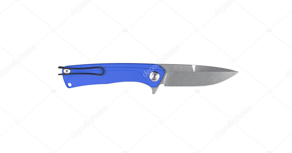 Blue pocket folding knife isolate on white background. Compact metal sharp knife with a folding blade.