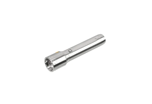現代の銀金属Led懐中電灯 ポケットポータブル充電式照明装置 白い背景に隔離された — ストック写真