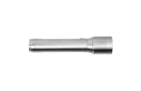 现代银金属Led手电筒 便携式充电式照明装置 在白色背景上分离 — 图库照片