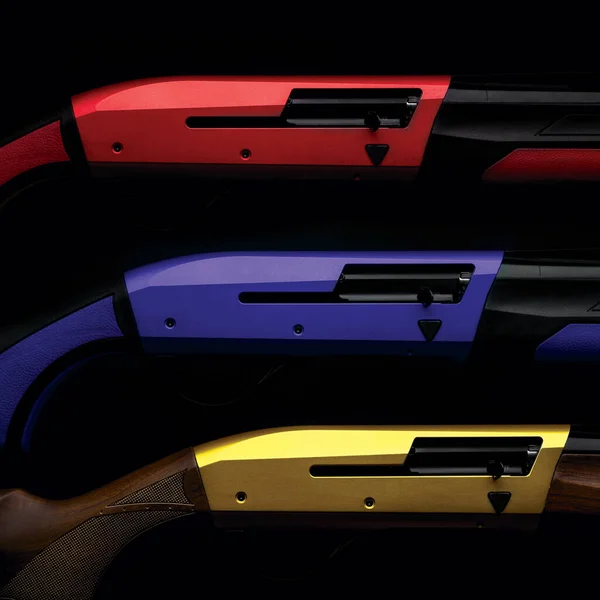 Primo Piano Ricevitori Fucili Semiautomatici Colori Diversi Arma Sfondo Scuro — Foto Stock