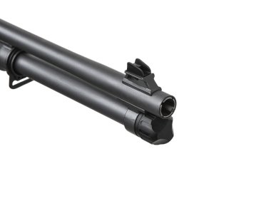 Modern yarı otomatik bir tüfeğin yakın plan parçası. Spor ve av için silahlar. Siyah silah beyaz arkaplanda izole edildi.