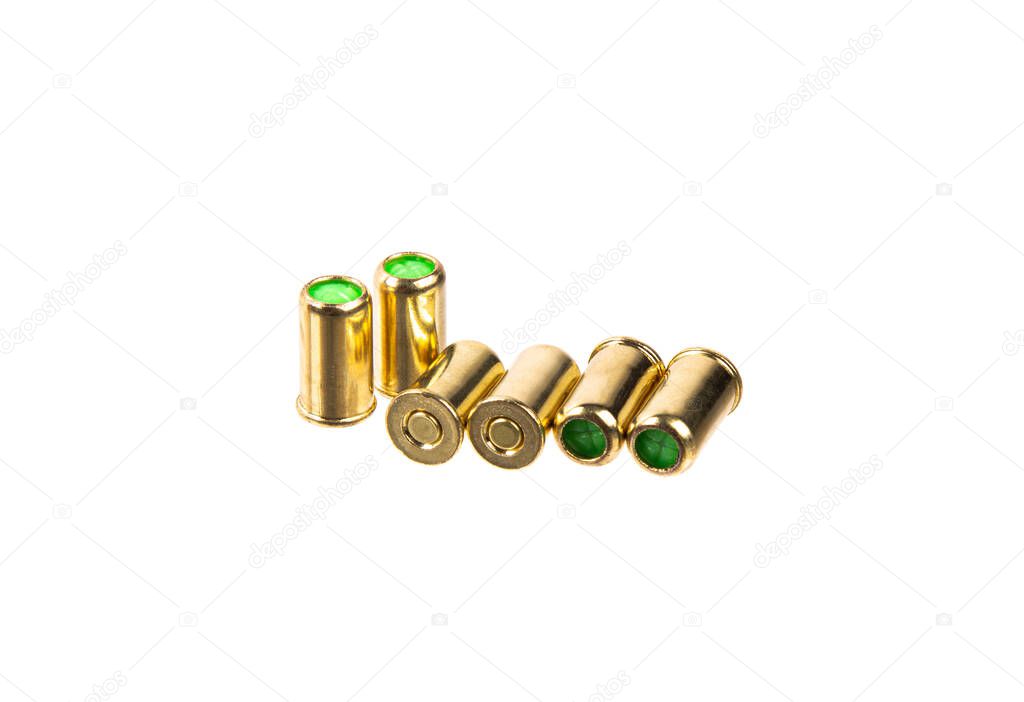 Blank cartridges. Ammunition for the starting pistol. Safe ammo for making loud gunfire sounds. Isolate on a white background.