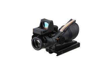 Black ACOG-style rifle scope with a top-mounted red dot sight and quick-release mount.