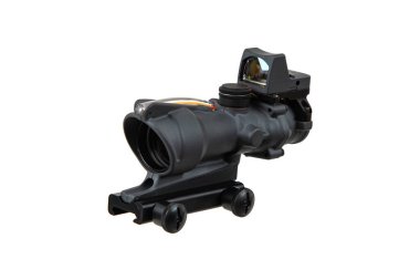 Black ACOG-style rifle scope with a top-mounted red dot sight and quick-release mount.