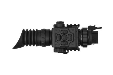 Black thermal or night vision rifle scope with a rubber eyecup and mounting rail.