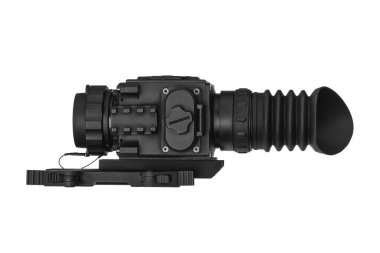 Black thermal or night vision rifle scope with a rubber eyecup and mounting rail.