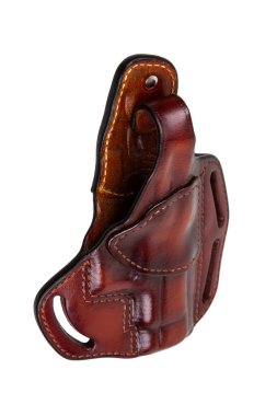 Shiny brown leather gun holster with visible stitching and belt loops.