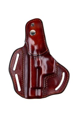 Shiny brown leather gun holster with visible stitching and belt loops.