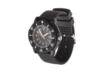 Black tactical dive watch with a rotating bezel and rubber strap.