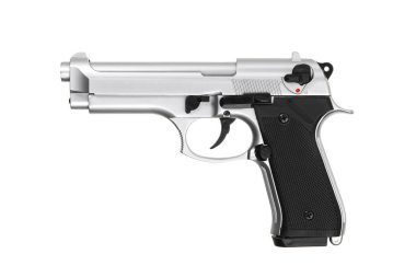 Classic full-size silver and black semi-automatic pistol with an exposed barrel design.