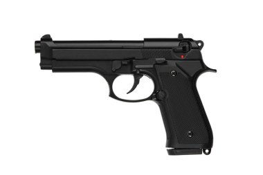 Classic all-black full-size semi-automatic pistol with an exposed barrel and safety indicator.