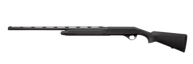 All-black modern semi-automatic shotgun with a long barrel and synthetic stock, isolated on white.