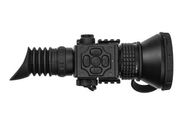 Modern black digital thermal imaging scope with a rubber eyecup and mounting rail, isolated on white