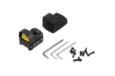 A compact reflex red dot sight kit with tools, screws, and a protective cover on white.