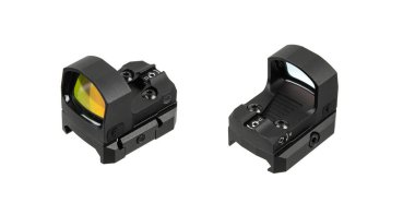 Two black compact reflex red dot sights with amber lenses, isolated on a white background.
