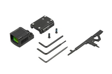 Mini reflex red dot sight components, mounting plate, tools, and screws on white background.
