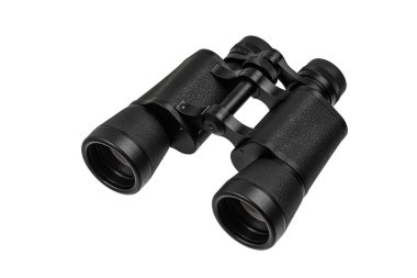 A pair of black textured binoculars with an angled view, isolated on a white background.