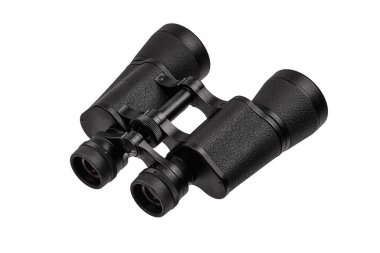 A pair of black textured binoculars with an angled view, isolated on a white background.