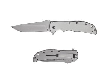 Open and closed views of a tactical gray folding knife with pocket clip on white.