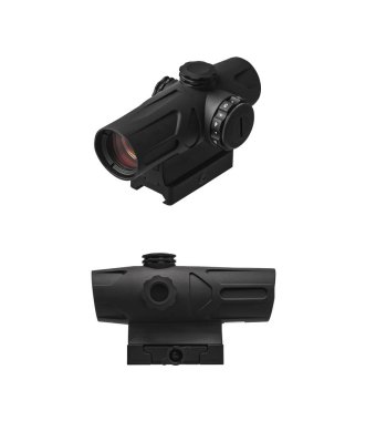Two views of a black tactical red dot gun sight isolated on a white background.