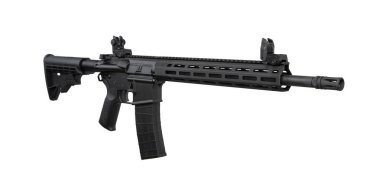 Siyah modern spor tüfeği (AR-15 stil karabina) .22LR kalibre, katlanabilir stok ve M-LOK güvenlik, beyaz arka planda izole.