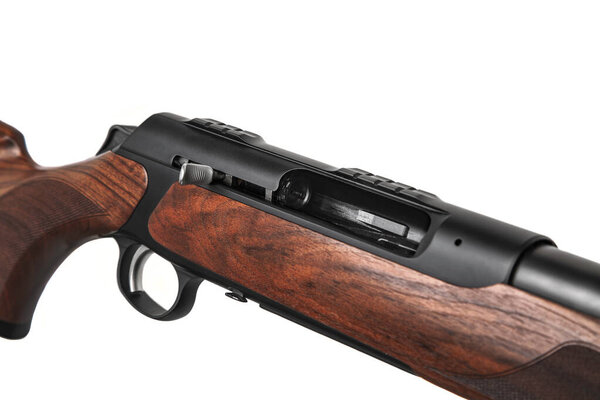 An extreme close-up of a rifle's action and safety mechanism on a walnut stock.