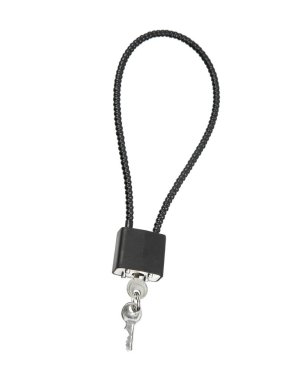 Ateşli silah için siyah esnek kablo kilidi, beyaz arka planda anahtarlar..