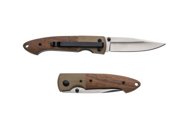 Ahşap ve kompozit saplı, açık ve kapalı gösterilen modern cep çakısı..