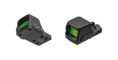 Beyaz zemin üzerinde iki siyah refleks görüşünün yakın plan görüntüsü.