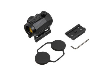 Basamaklı siyah nokta görme kiti, mercek kapakları, ve bir Allen anahtarı, izole edilmiş beyaz.