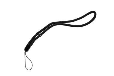 Black wrist strap for small electronics or camera on a white background.