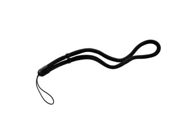 Black wrist strap for small electronics or camera on a white background.
