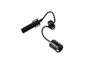 A tactical remote pressure switch for a flashlight, with a coiled cable and tail cap connector.