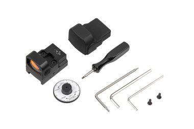 A red dot sight kit including the optic, protective cover, adjustment tools, screws, and wrenches.