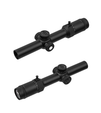 Farklı açılardan gösterilen, beyazda izole edilmiş aynı siyah taktik tüfek dürbünü..