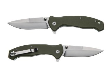 İki katlı bir bıçak, paslanmaz çelik bir bıçak ve zeytin yeşili bir G10 sapı..