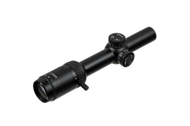 14x büyüteç ve objektif mercekli siyah bir tüfek dürbünü..