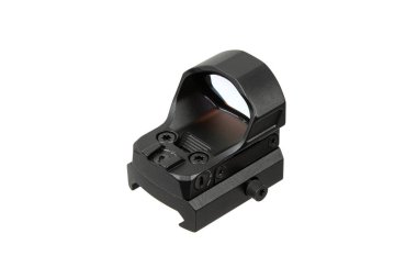 Minyatür siyah refleks kırmızı nokta görüşü koruyucu mercek ve montajla, beyaz üzerine izole edilmiş..