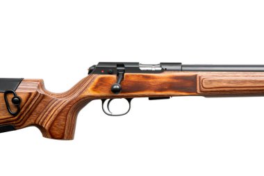 Kaplamalı ahşap deposu ve mat siyah namlusu olan sürgülü bir tüfeğin yan profili.