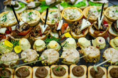 Çeşit çeşit gurme aperatifler ve aperatifler büfe tepsisinde servis edilir..
