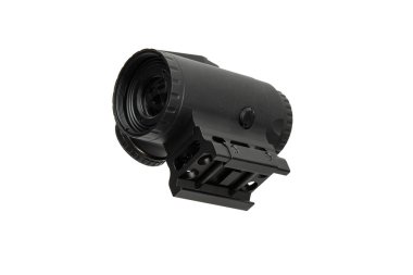 Beyaz üzerinde izole edilmiş ateşli silahlar için sıkıştırılmış siyah 3X prizma optik görüş alanı.