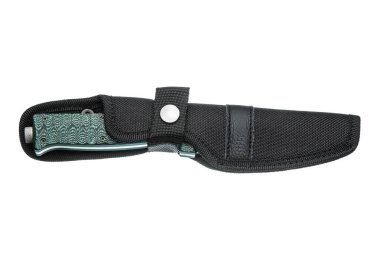 Fixed blade knife with a green textured handle stored in a black nylon tactical sheath, isolated on a white background.