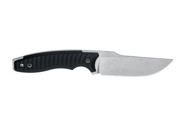 Modern tactical fixed blade knife with a black textured handle and matte gray blade on white.