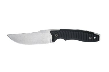 Modern tactical fixed blade knife with a black textured handle and matte gray blade on white.