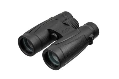 Kuşları izlemek ve seyahat etmek için profesyonel siyah dürbünler beyaz arka planda izole edilmiş..