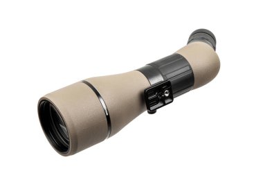 Beyaz arka planda kuş izleme ve hedef vurma için modern açılı izleme dürbünü.