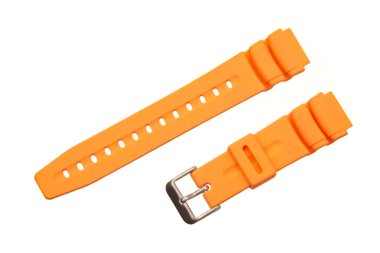 Gümüş metal tokalı parlak turuncu silikon saat askısı, beyaz arka planda izole edilmiş..