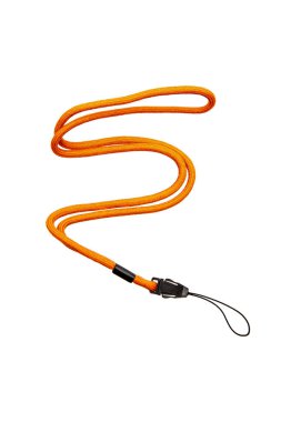 Siyah plastik tokalı parlak turuncu tekstil halatı ve beyaz arka planda ince bir halka..