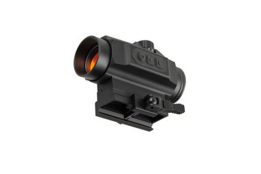 Ateşli silahlar için siyah taktik kırmızı nokta görüşü, turuncu mercekli kaplama beyaz üzerinde izole edilmiş..